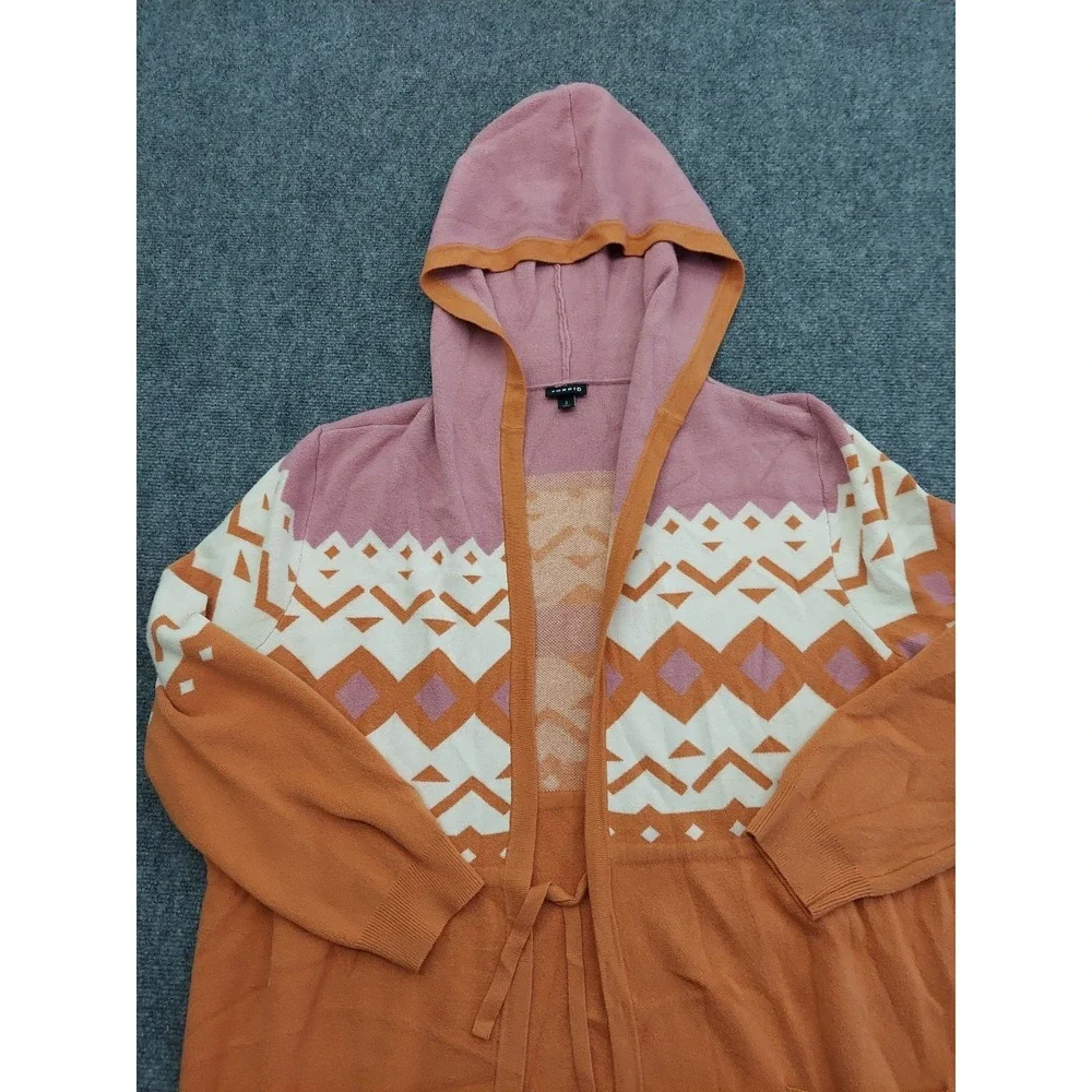 Torrid Cardigan Sweater womens 2X Orange Aztec Drawstring Long Hooded Pockets - Picture 10 of 11